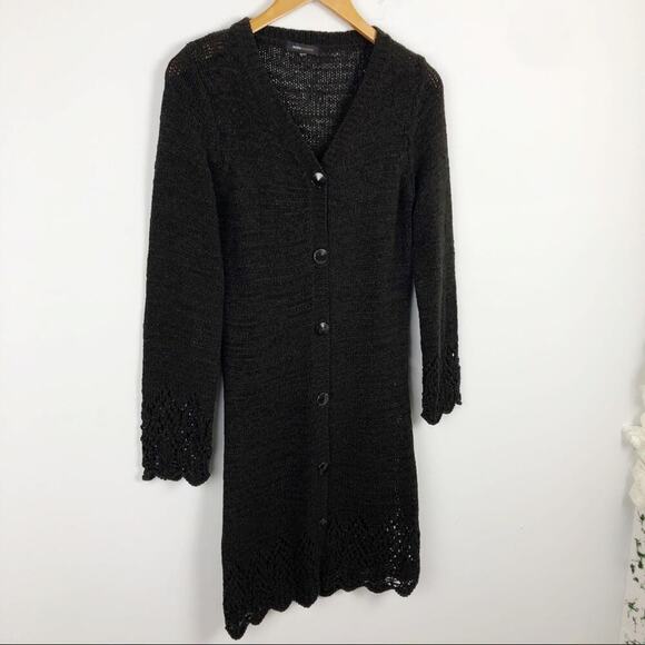 BCBGMaxazria Crochet Knit Brown Long Cardigan Large Scalloped Hem - Picture 2 of 16